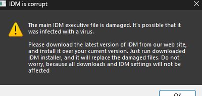 IDM hiện bảng thông báo IDM is corrupt