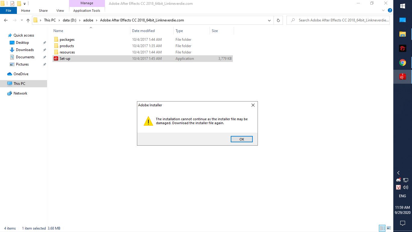 Lỗi khi chạy file setup các sản phẩm adobe 2018