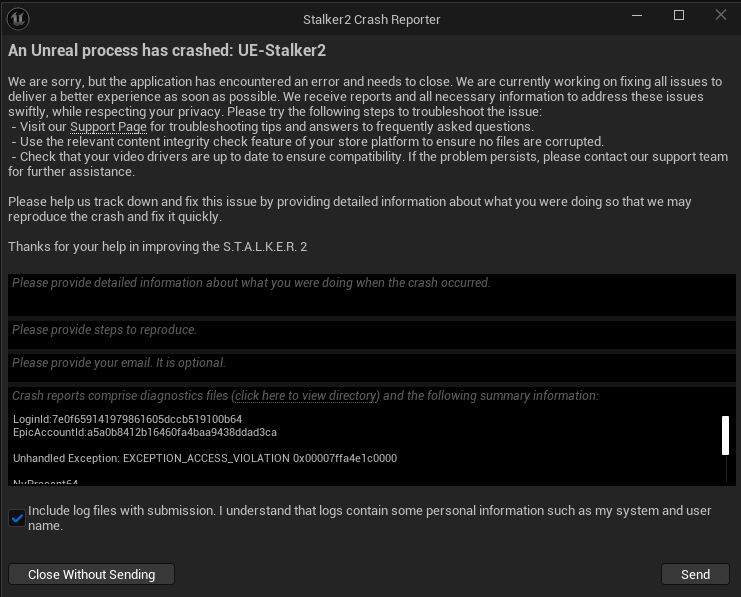Lỗi An Unreal process has crashed: UE-Stalker 2
