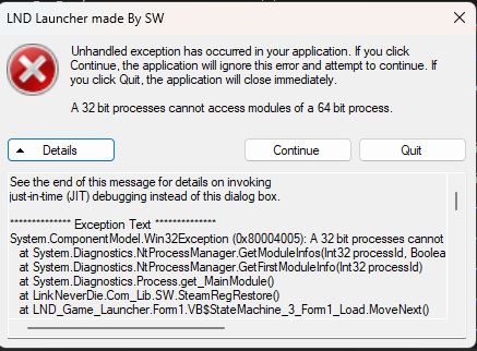 Lỗi processes cannot access modules of a 64 bit process. Lỗi processes cannot access modules of a 64 bit process.