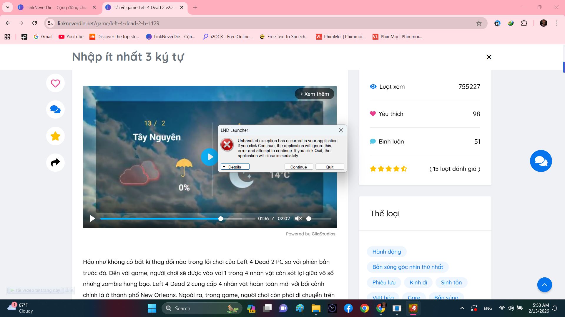 Lỗi khi mở game