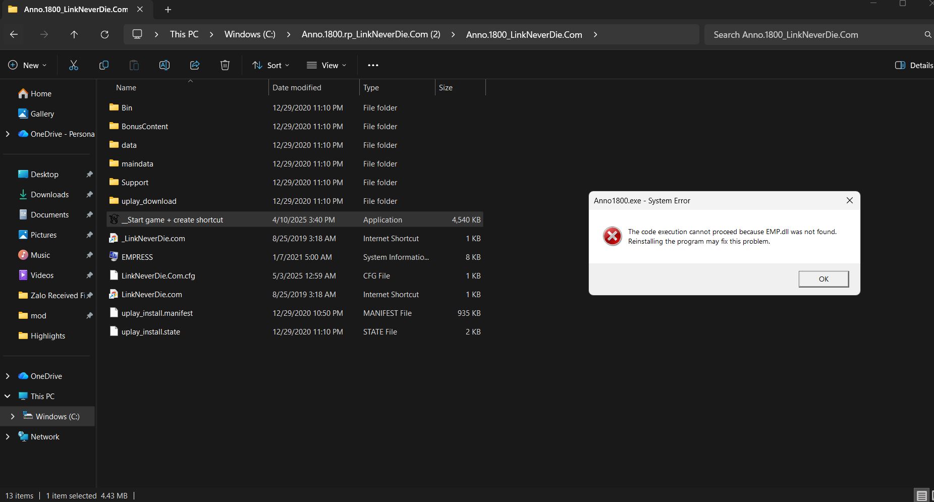 Anno 1800 extract xong báo lỗi EMP.dll not found, anh em cho tip với Anno 1800 extract xong báo lỗi EMP.dll not found, anh em cho tip với
