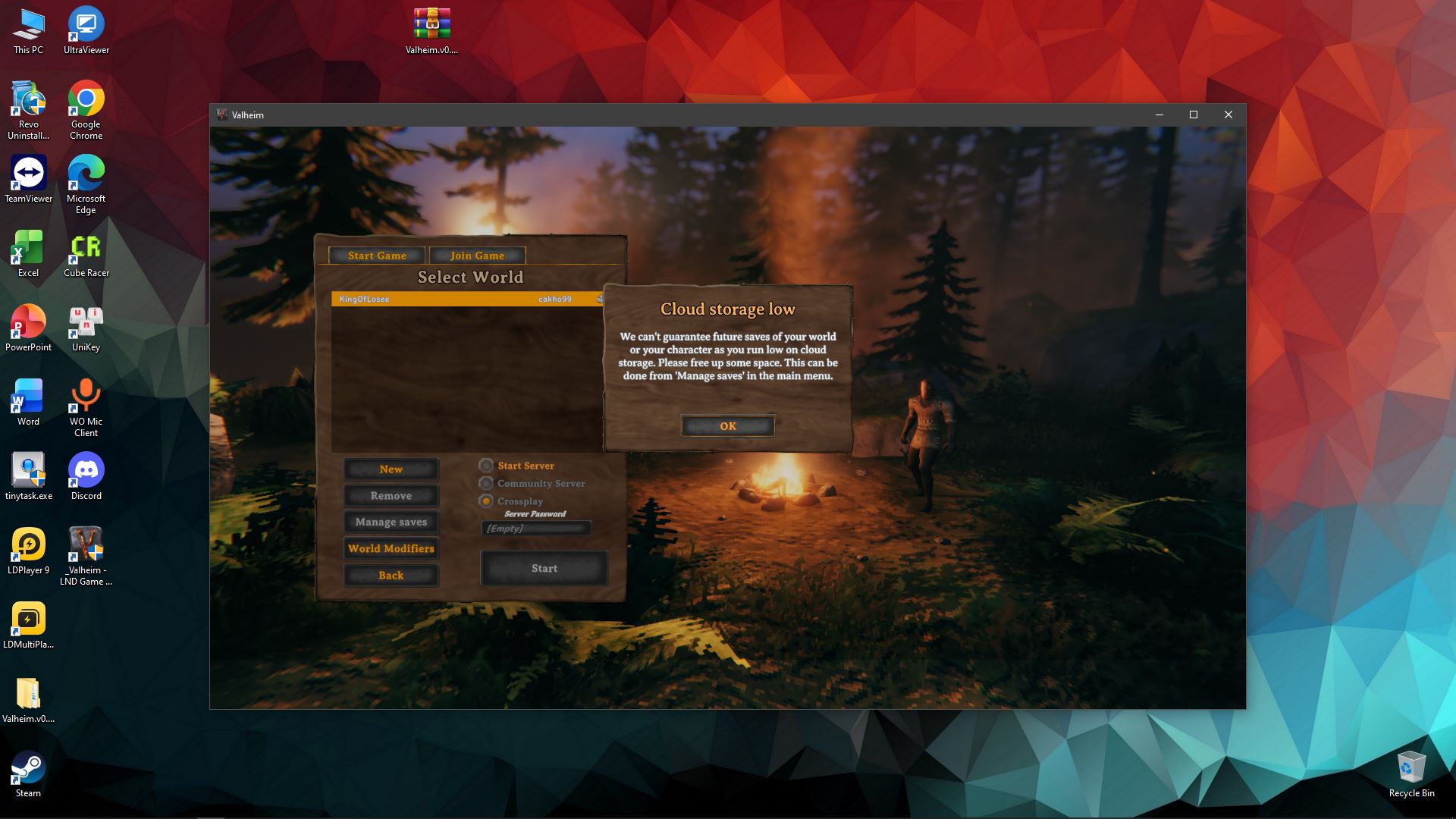 valheim không mở được map đã tạo vì cloud thấp