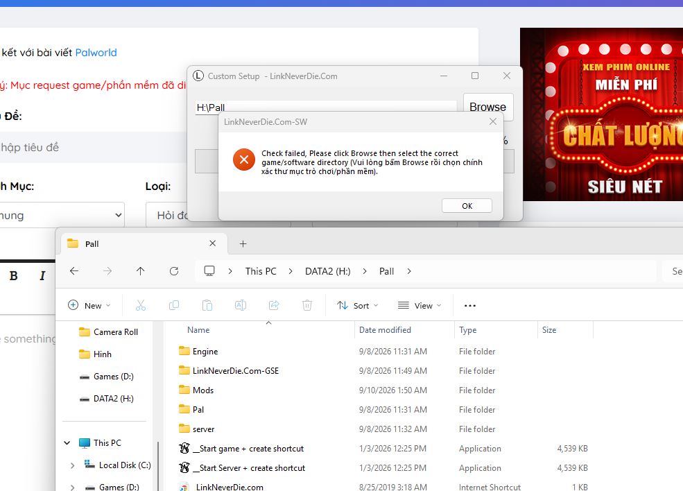 Palworld v1.0.4, sau khi browse tới folder chứa game để update thì bị lỗi